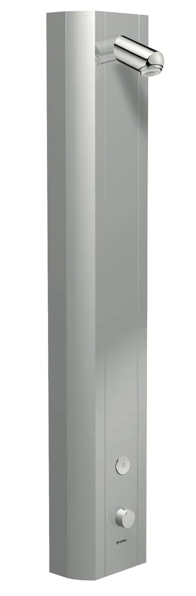 Duschpaneel LINUS DP-C-T, Mischwasser, Thermostat, Elektronisch, Selbstschluss, 2 RFV, 2 Vorfilter, Manuelle thermische Desinfektion, Duschkopf Aerosolarm, 2x DN 15 G 1/2 AG, B 226 mm x H 1200 mm x T 115 mm, Aluminium gebürstet, eloxiert