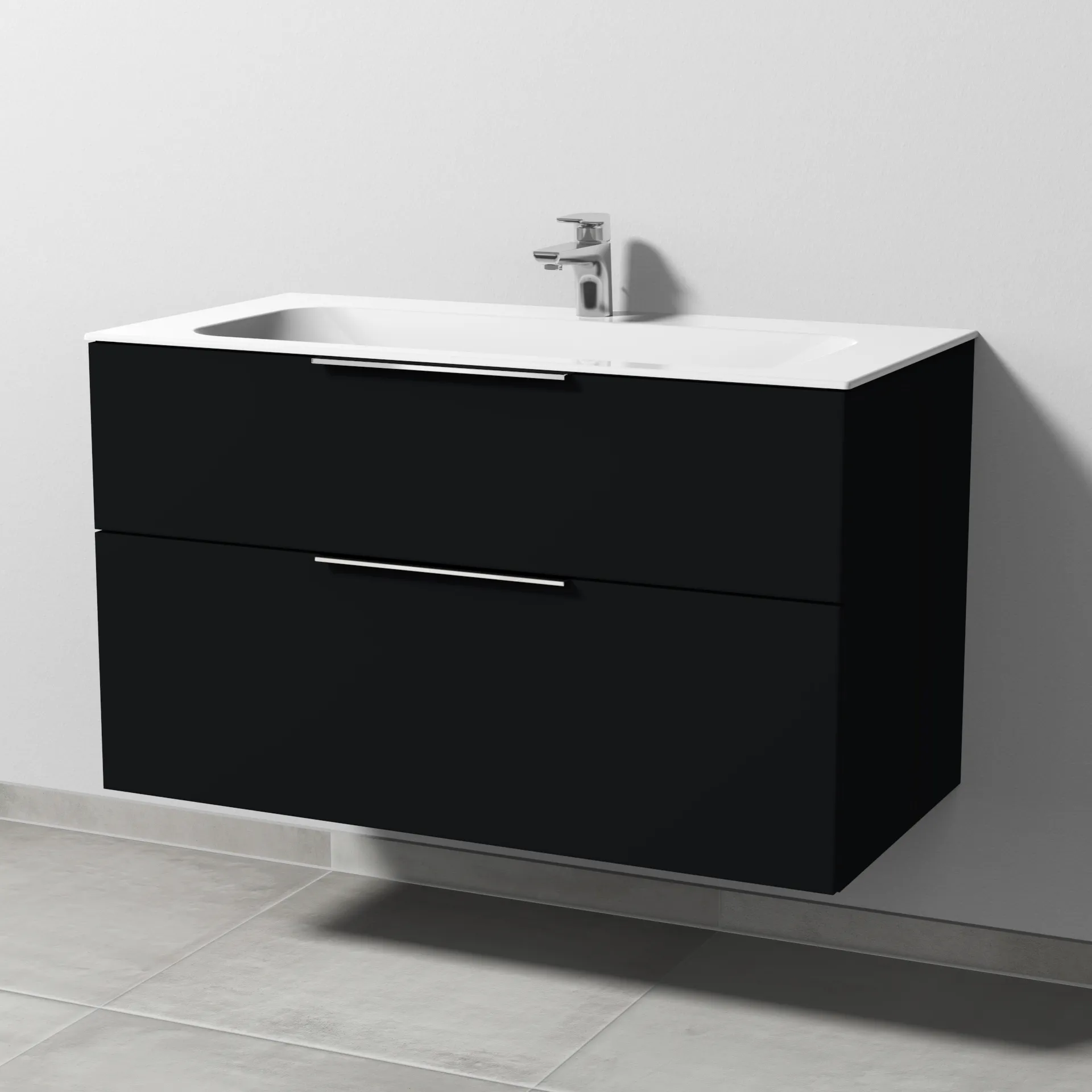 Keramik-Waschtisch-Set mit Waschtischunterschrank „3way“ 99 × 49,7 × 58,2 cm in Schwarz (matt), mit Hahnlochbohrung, Becken mittig