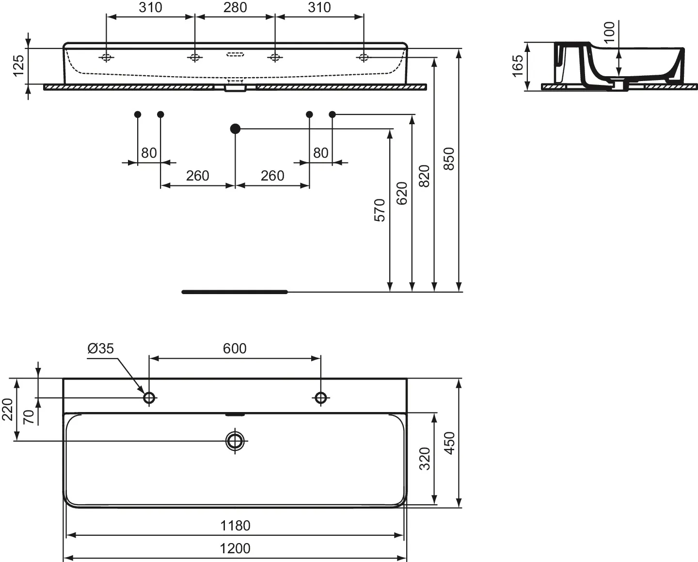 Waschbecken „Conca“ 120 × 45 × 16,5 cm, Hahnlochposition links und rechts in Weiß Waschbecken „Conca“ 120 × 45 × 16,5 cm, Hahnlochposition links und rechts in Weiß