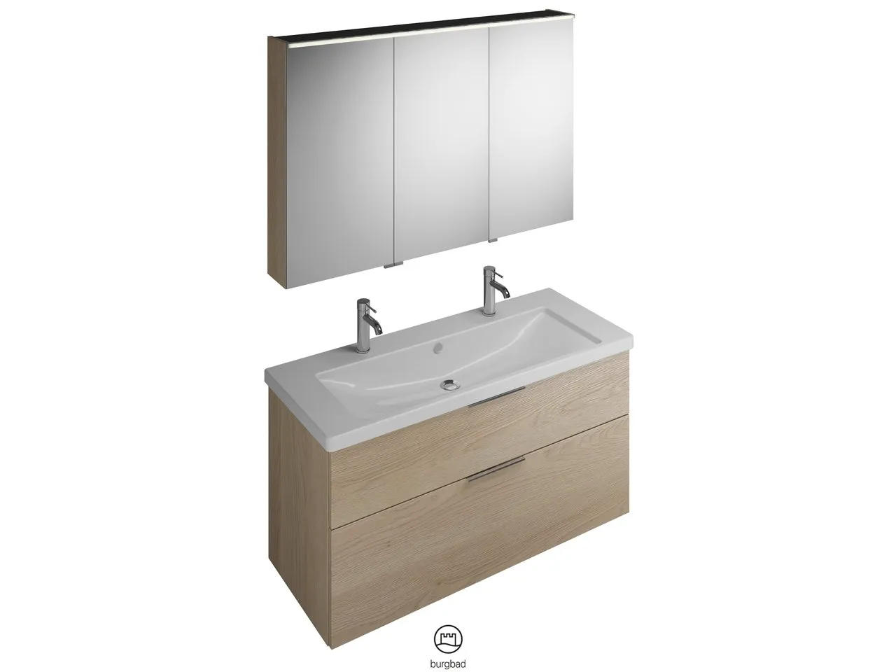 burgbad Badmöbelset Keramik-Waschtisch inkl. Waschtischunterschrank und Spiegelschrank „Eqio“ 123 cm Stangengriff, Chrom (140 / 397 mm), in Eiche Dekor Silber burgbad Badmöbelset Keramik-Waschtisch inkl. Waschtischunterschrank und Spiegelschrank „Eqio“ 123 cm Stangengriff, Chrom (140 / 397 mm), in Eiche Dekor Silber