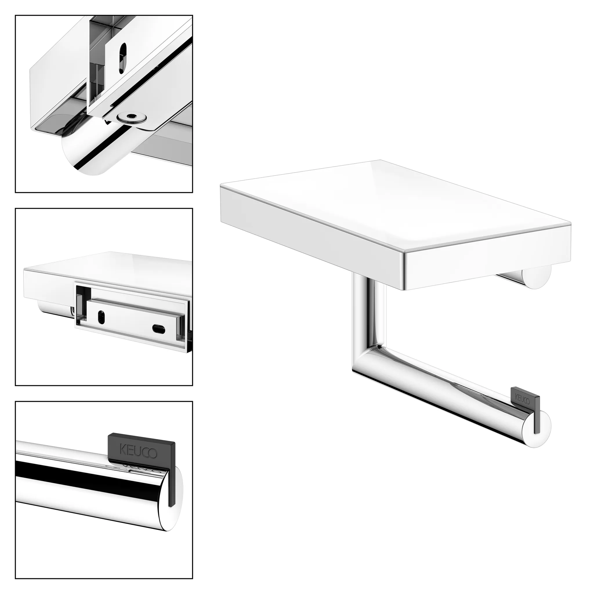 REVA 12873019000 Toilettenpapierhalter mit Glas-Ablage verchromt REVA 12873019000 Toilettenpapierhalter mit Glas-Ablage verchromt