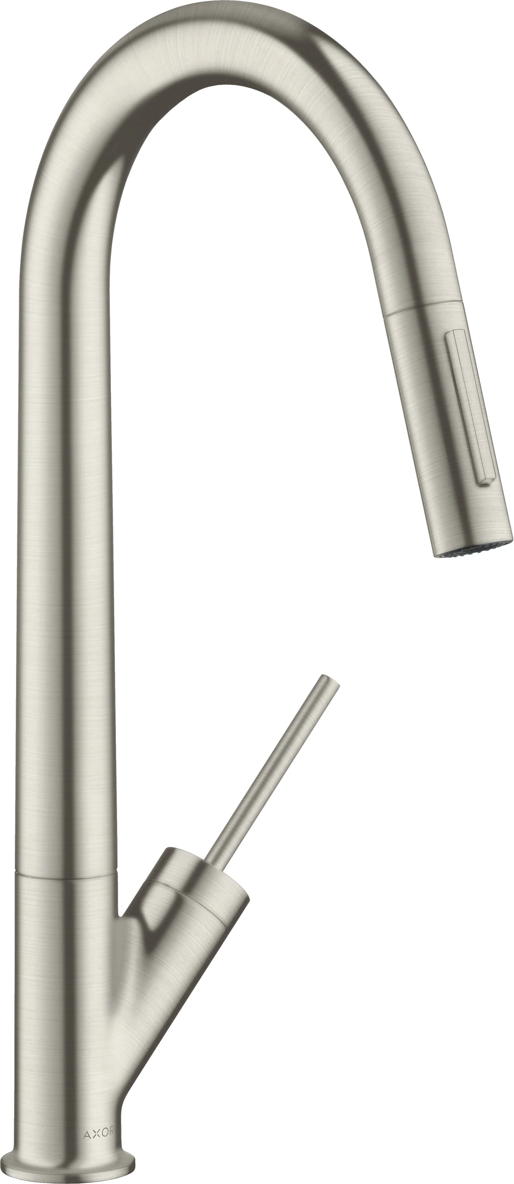 Hansgrohe AXOR Starck Einhebel-Küchenmischer 270 mit Ausziehbrause, Edelstahl, Schwenkbereich 110° oder 150°, Laminarstrahl, arretierbar, MagFit-Brausehalterung, Quick-Connect-Schlauch, max. Durchfluss 9 l/min, Auszugslänge bis 50 cm