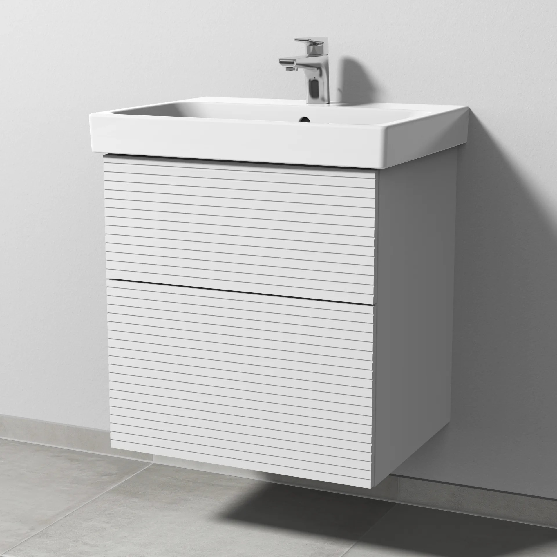 Sanipa Waschtischunterschrank „3way“ Struktur 550 × 588 × 453 mm in Weiß (matt), mit Hahnlochbohrung, Becken mittig Sanipa Waschtischunterschrank „3way“ Struktur 550 × 588 × 453 mm in Weiß (matt), mit Hahnlochbohrung, Becken mittig