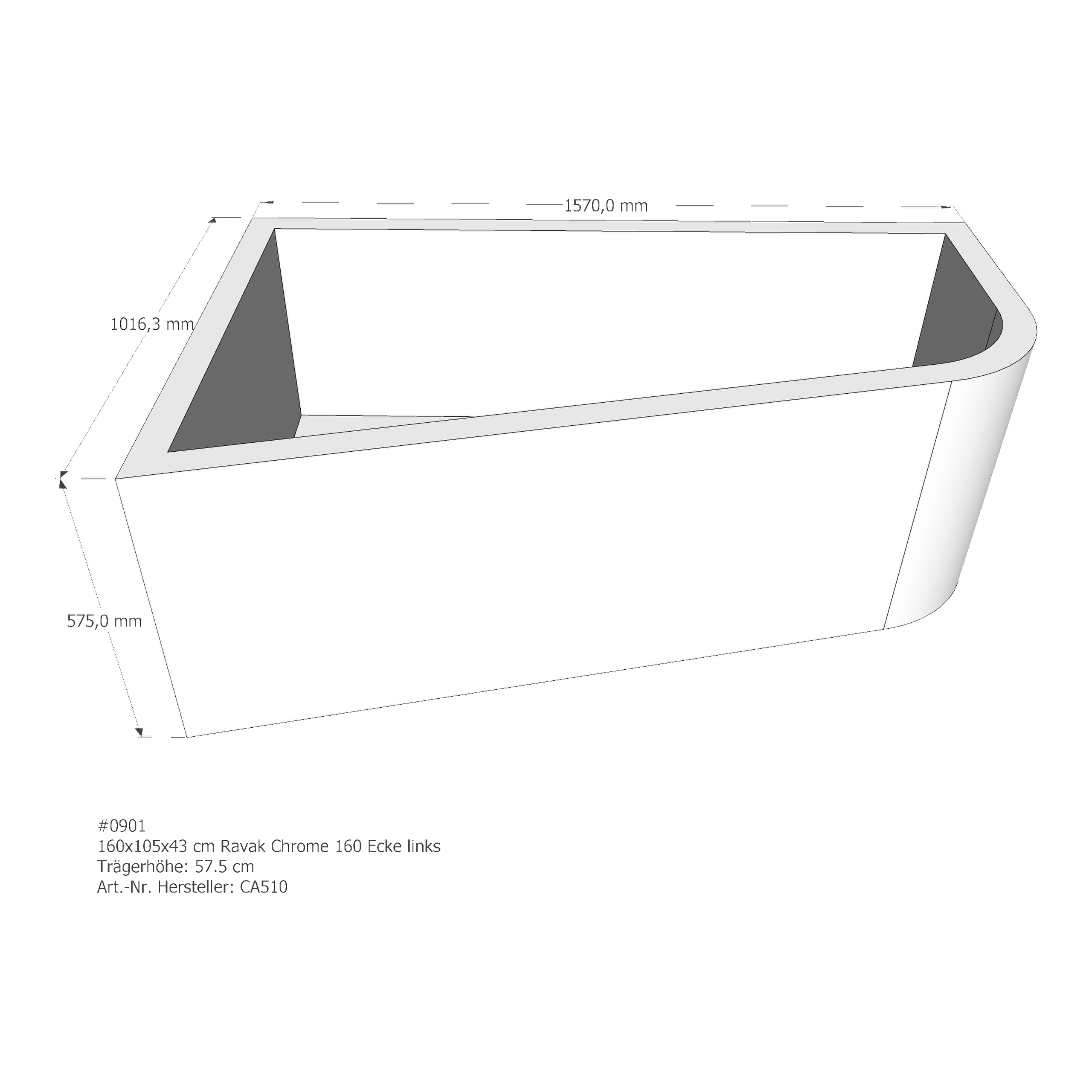 Badewannenträger für Ravak Chrome 160 Ecke links 160 × 105 × 43 cm