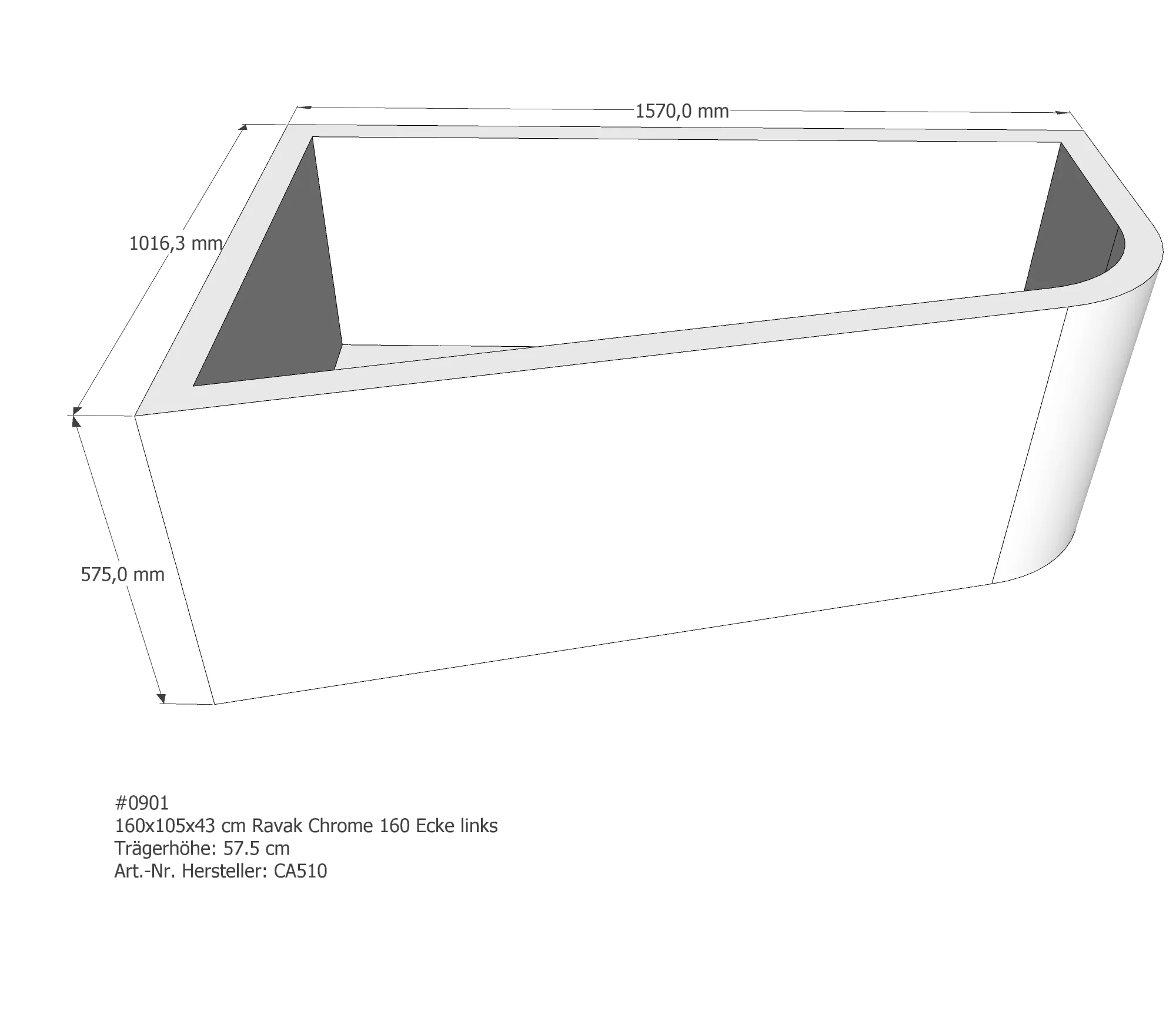 Badewannenträger passend für Ravak Chrome 160 Ecke links links 160 × 105 × 43 cm