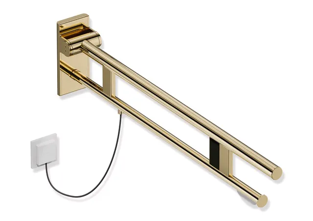 Stützklappgriff Duo, Design A des Systems 900, Edelstahl, PVD, Ausladung 900 mm, mit WC-Papierhalter und Spül-/Funktionstasten (E-Ausführung), Ausführung rechts, in Farbe CK (Messing glänzend) Stützklappgriff Duo, Design A des Systems 900, Edelstahl, PVD, Ausladung 900 mm, mit WC-Papierhalter und Spül-/Funktionstasten (E-Ausführung), Ausführung rechts, in Farbe CK (Messing glänzend)