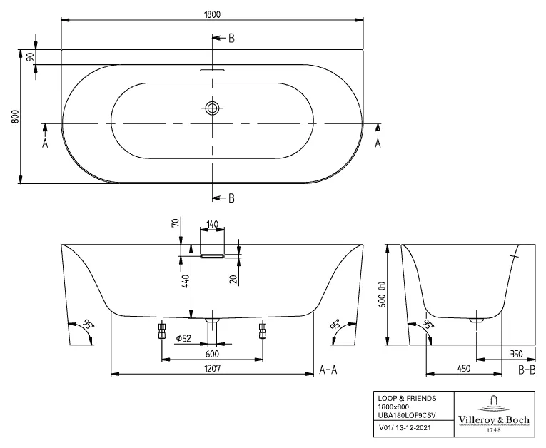 Villeroy & Boch Badewanne mit ovaler Innenform „Loop & Friends“ vorwand oval 180 × 80 cm, mittig