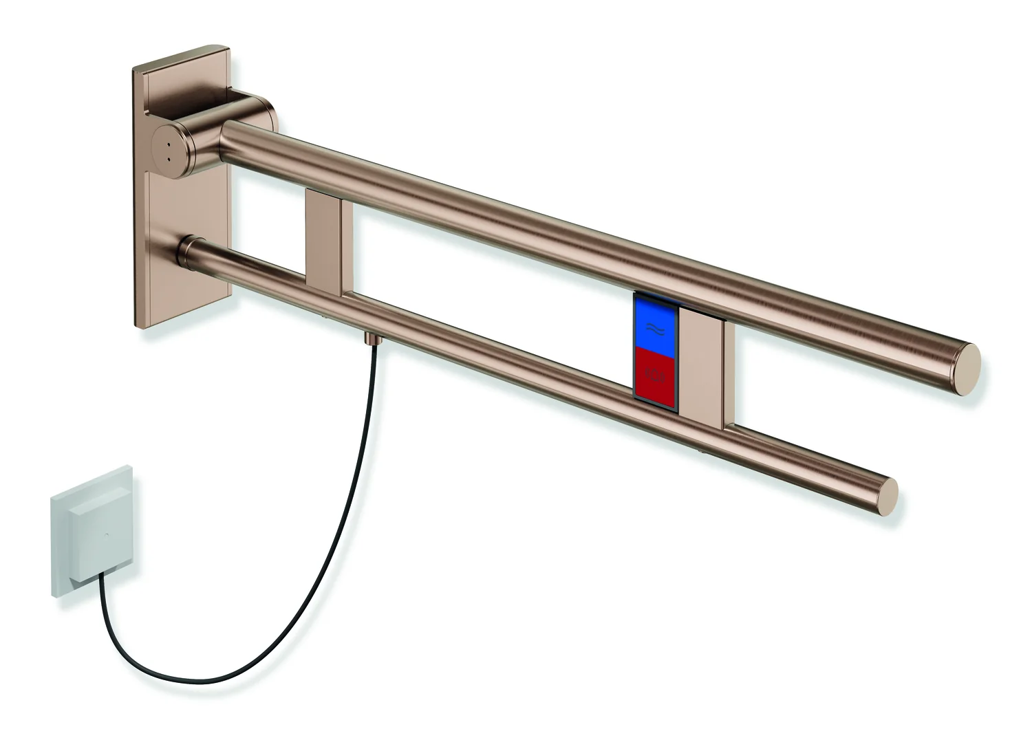 HEWI Stützklappgriff Duo System 900, Design A, Edelstahl PVD, Kupfer gebürstet, Ausladung 750 mm, links, mit Spül-/Funktionstasten