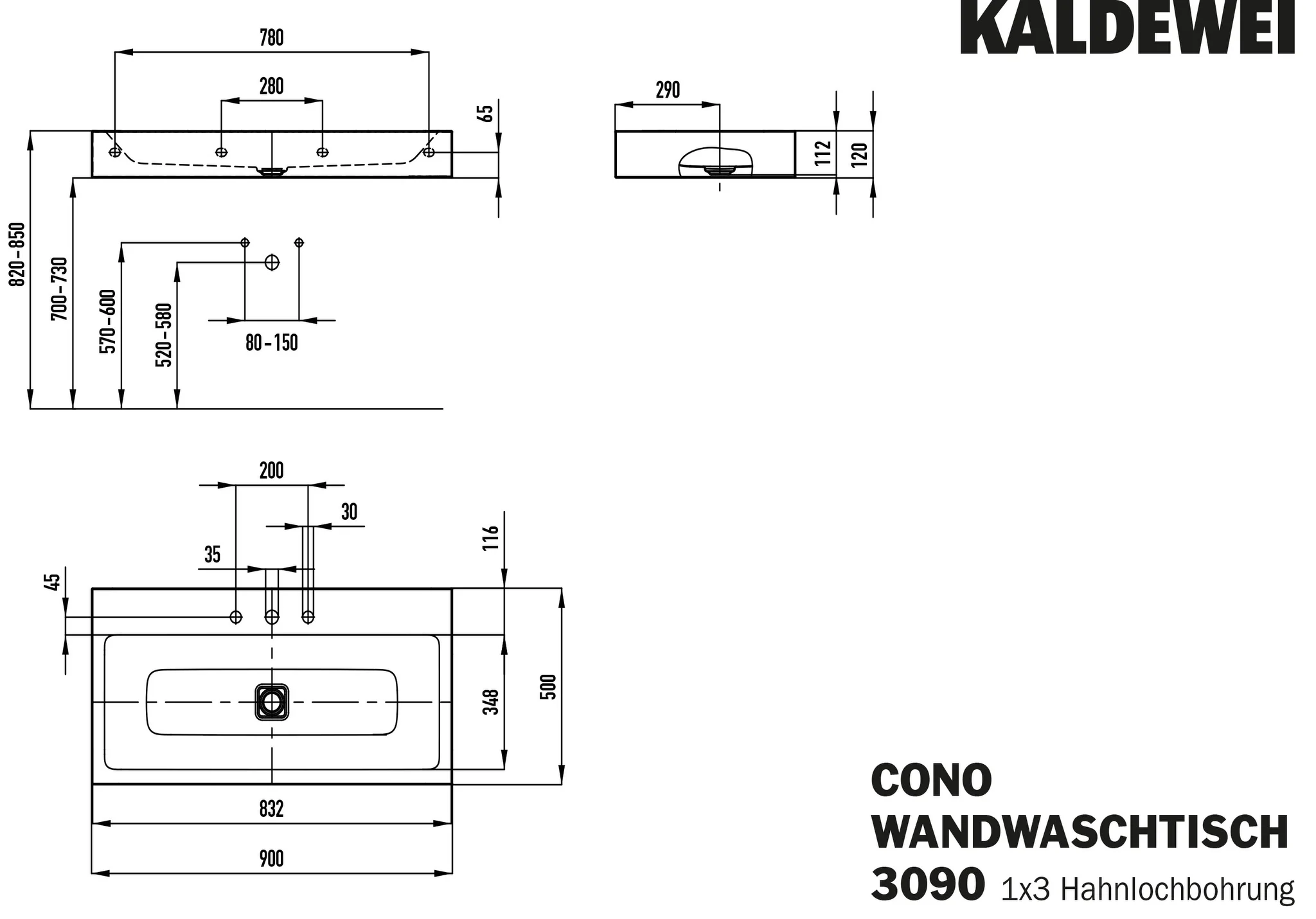 Kaldewei CONO Wandwaschtisch, 900x500 mm, warm grey, 120 mm Randhöhe, ohne Überlauf, 3er Hahnlochbohrung Kaldewei CONO Wandwaschtisch, 900x500 mm, warm grey, 120 mm Randhöhe, ohne Überlauf, 3er Hahnlochbohrung