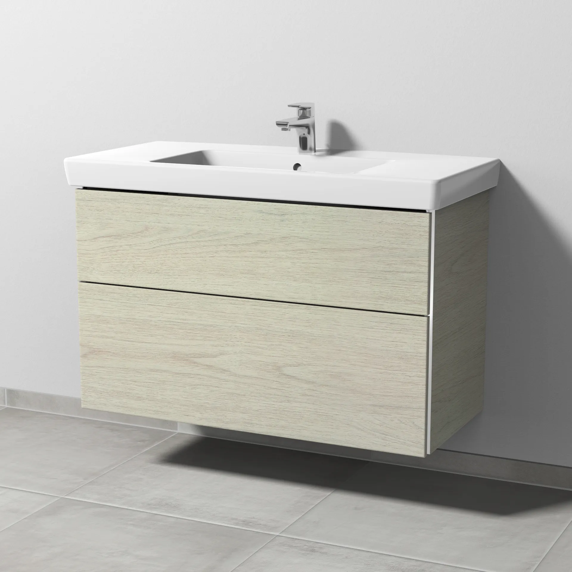 Sanipa Waschtischunterschrank „3way“ passend zu Keramik-Waschtische Subway 2.0 von Villeroy & Boch 950 × 593 × 447 mm in White Oak, Becken mittig