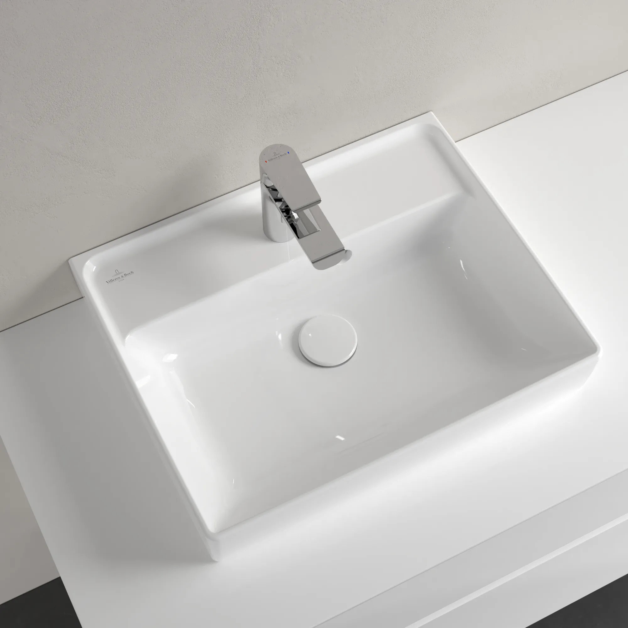 Villeroy & Boch Handwaschbecken aus TitanCeram geschliffen „Collaro“ 500 × 400 × 150 mm, mit Hahnlochbohrung, Hahnlochposition mittig in Weiß Alpin