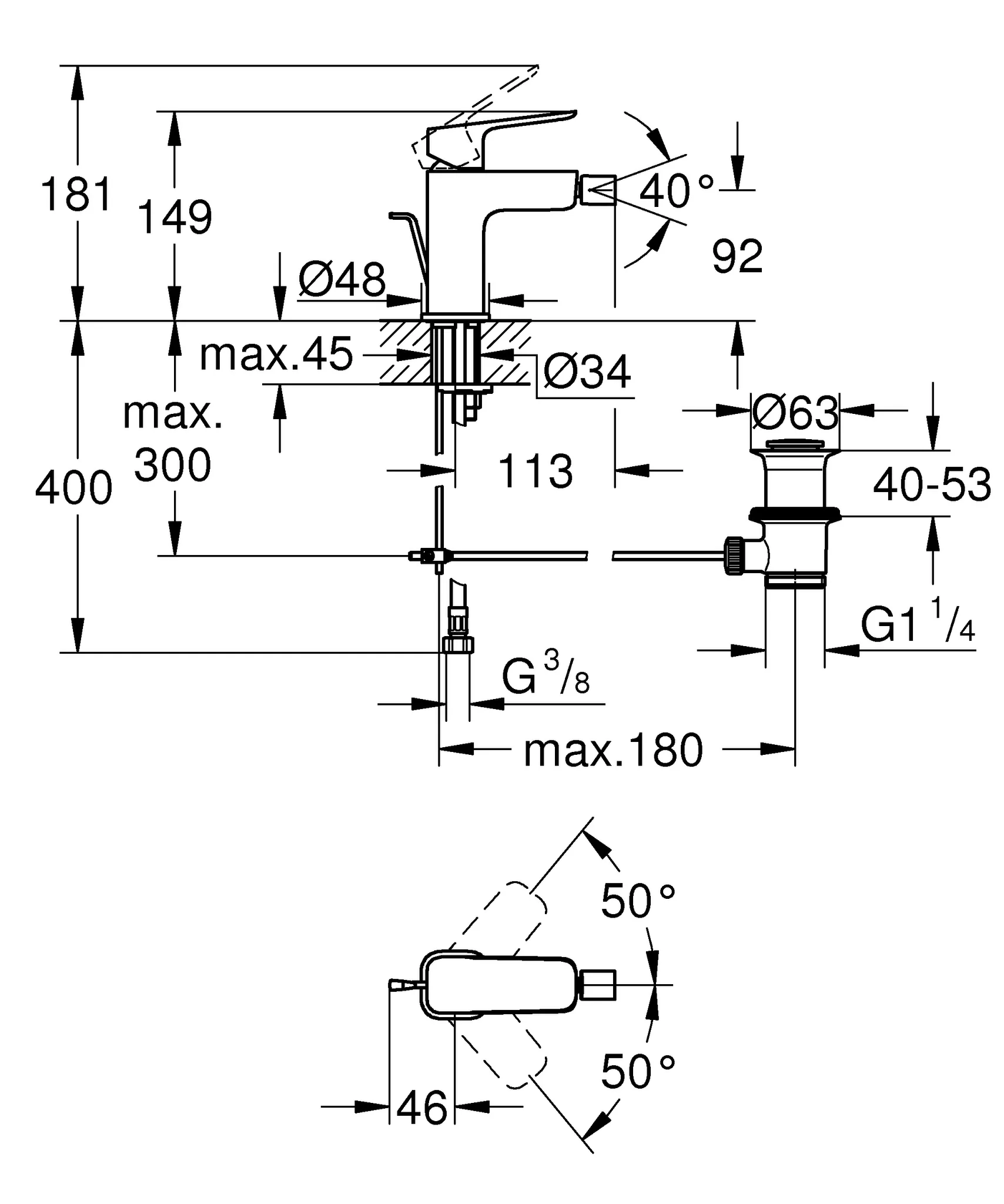 Einhand-Bidetbatterie Cubeo 101810, Einlochmontage, mit Kugelgelenk, Zugstangen-Ablaufgarnitur, chrom Einhand-Bidetbatterie Cubeo 101810, Einlochmontage, mit Kugelgelenk, Zugstangen-Ablaufgarnitur, chrom