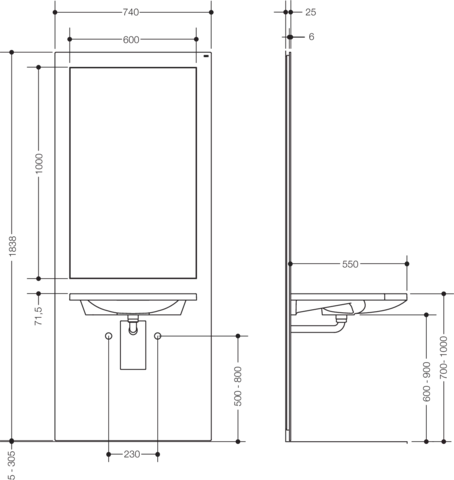 Waschtisch-Modul „S 50“ Set 74 × 183,8 cm