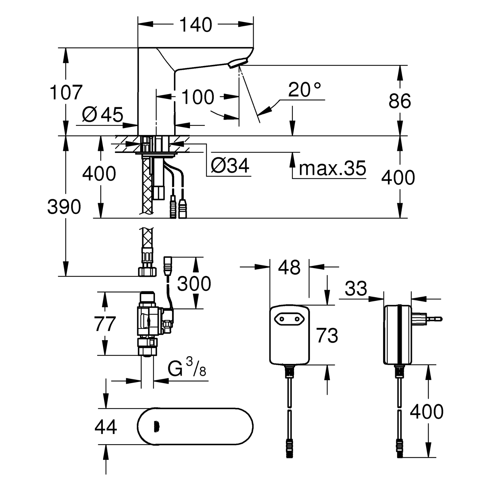 Infrarot-Elektronik für Waschtisch Euroeco CE 36269, DN 15, ohne Mischung, mit Steckertrafo 100-230 V AC, 50-60 Hz, 6 V DC, chrom