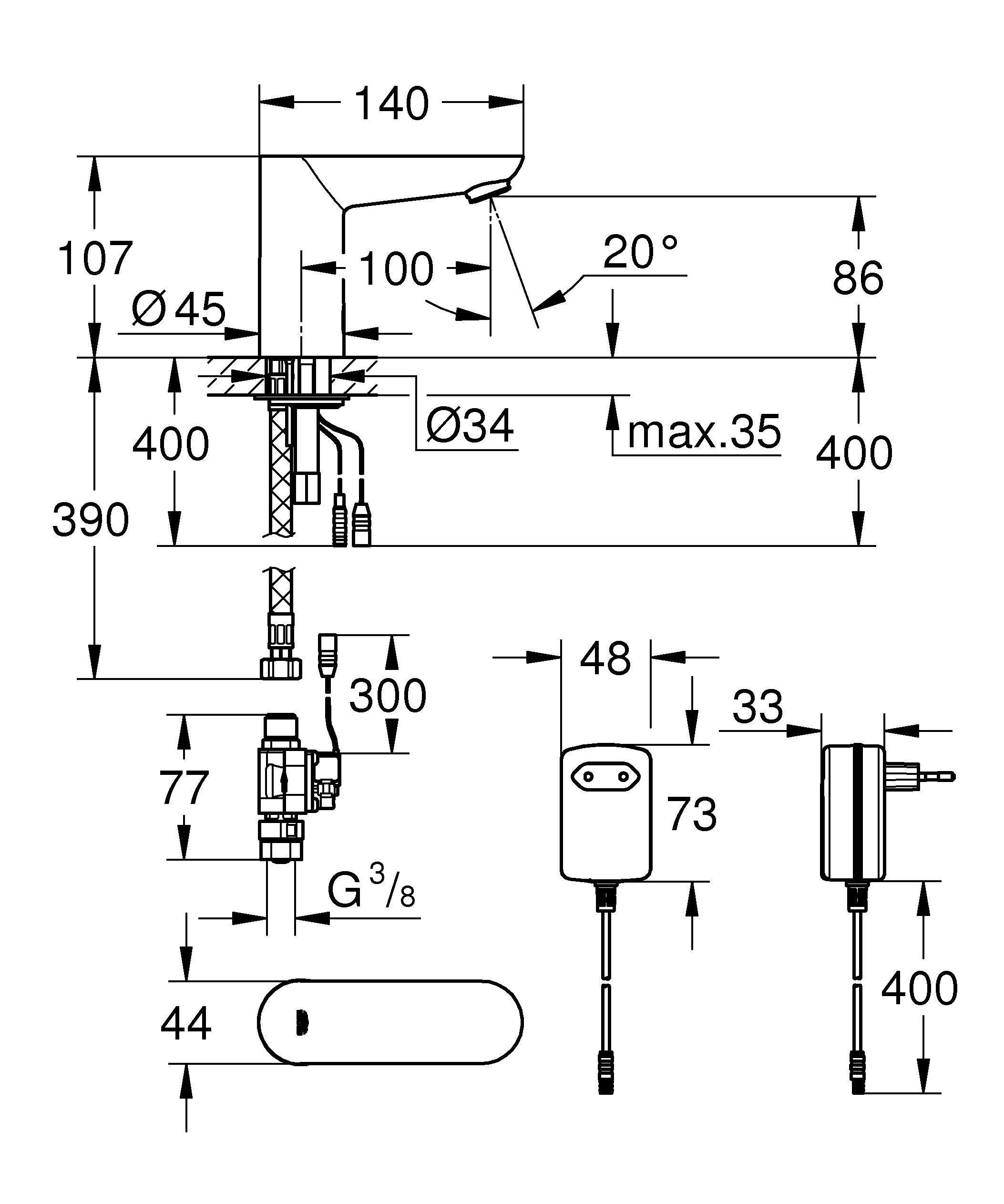 Infrarot-Elektronik für Waschtisch Euroeco CE 36269, DN 15, ohne Mischung, mit Steckertrafo 100-230 V AC, 50-60 Hz, 6 V DC, chrom