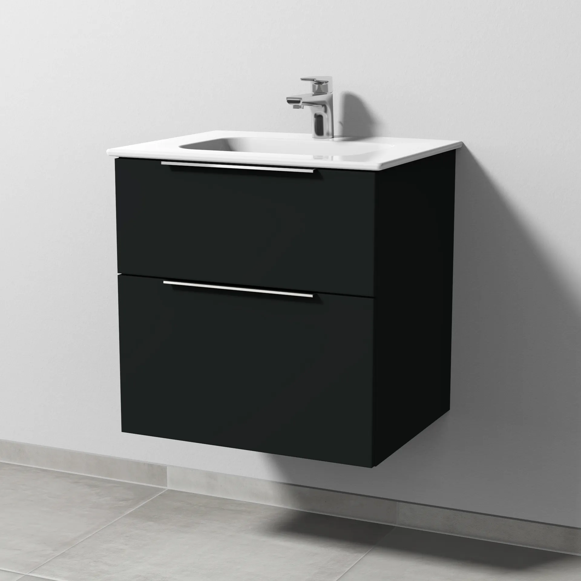 Keramik-Waschtisch-Set mit Waschtischunterschrank „3way“ 57 × 46 × 58,2 cm in Vulkan (matt), mit Hahnlochbohrung, Becken mittig