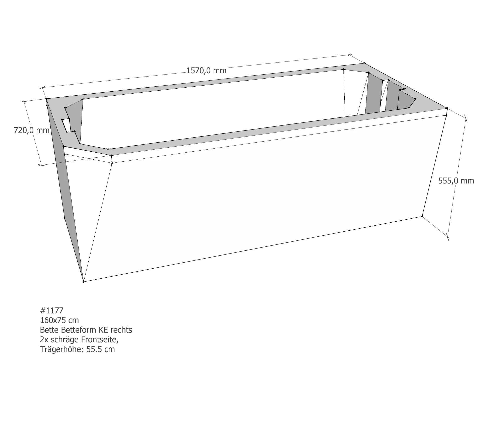 Badewannenträger für Bette Profi-Form KE rechts schräge Frontseite 160 × 75 × 42 cm