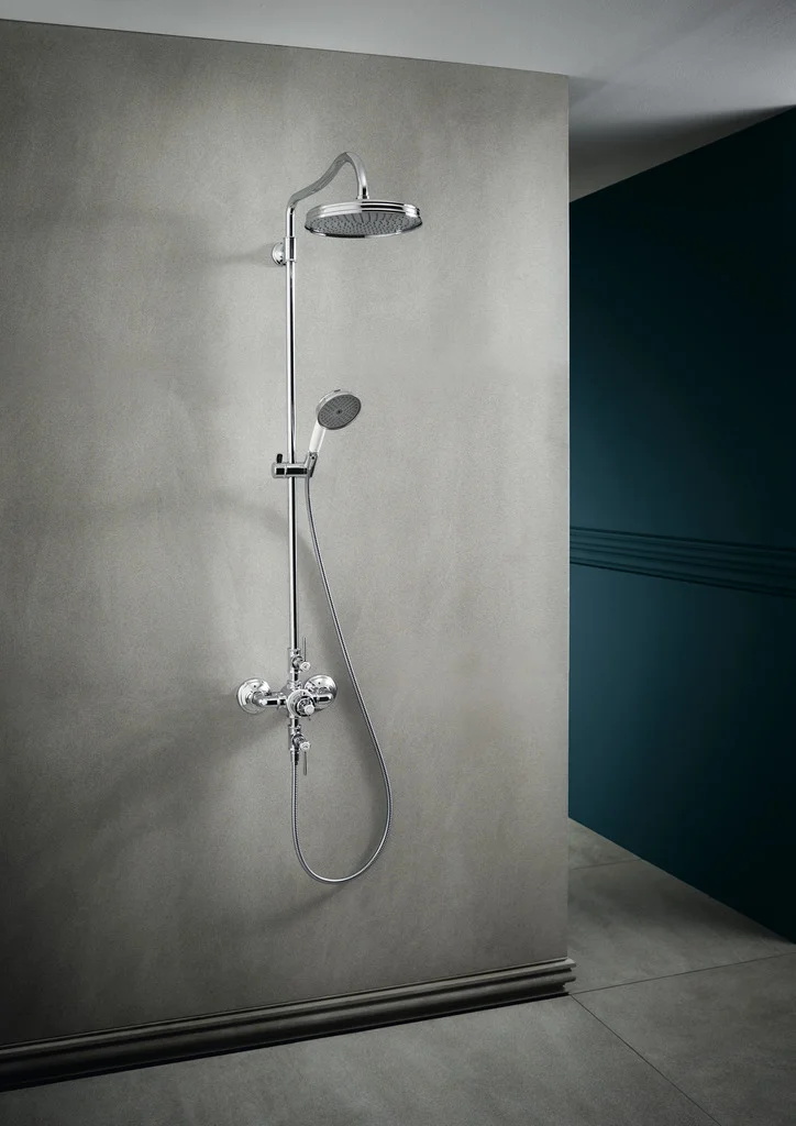 Hansgrohe AXOR Montreux Showerpipe mit Thermostat und Hebelgriff, Chrom, Brausekopfgröße 240 mm, Brausearmlänge 450 mm