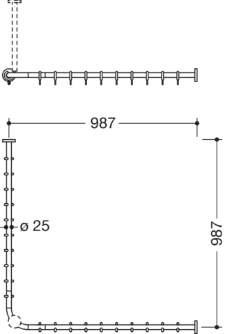 Vorhangstange des Systems 900, Edelstahl, PVD, Achsmaß 987 x 987 mm, kürzbar, D: 25 mm, mit 20 Vorhangringen aus POM, in Farbe CK (messing glänzend)