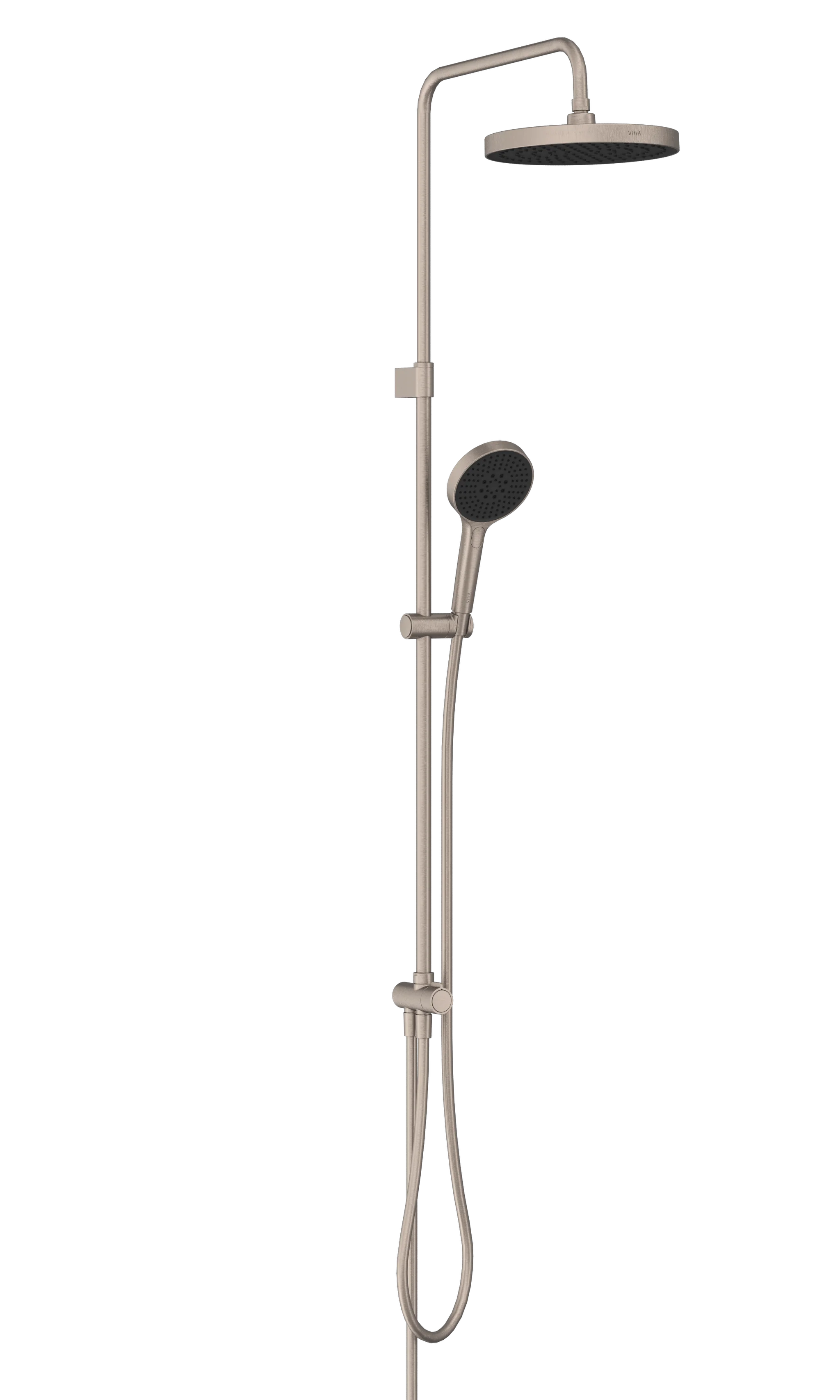 VitrA Core Round Duschsystem, Nickel gebürstet, Wandmontage, Kopf- und Handbrause mit Aquarain und 3 Strahlarten, Durchflussbegrenzer max. 9 l/min., Brausestange Ø 21 mm