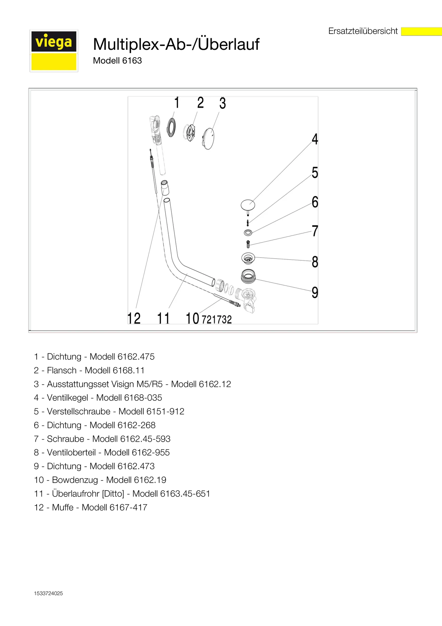 Viega Ab- und Überlaufgarnitur Modell 6163 „Multiplex“ 6163 in Messing verchromt 24,6 cm