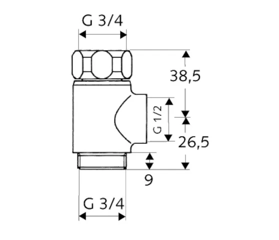 T-Stück mit Überwurfmutter, Überwurfmutter DN 20 G 3/4 IG, DN 20 G 3/4 AG (unten), DN 20 G 1/2 IG (rechts), chrom