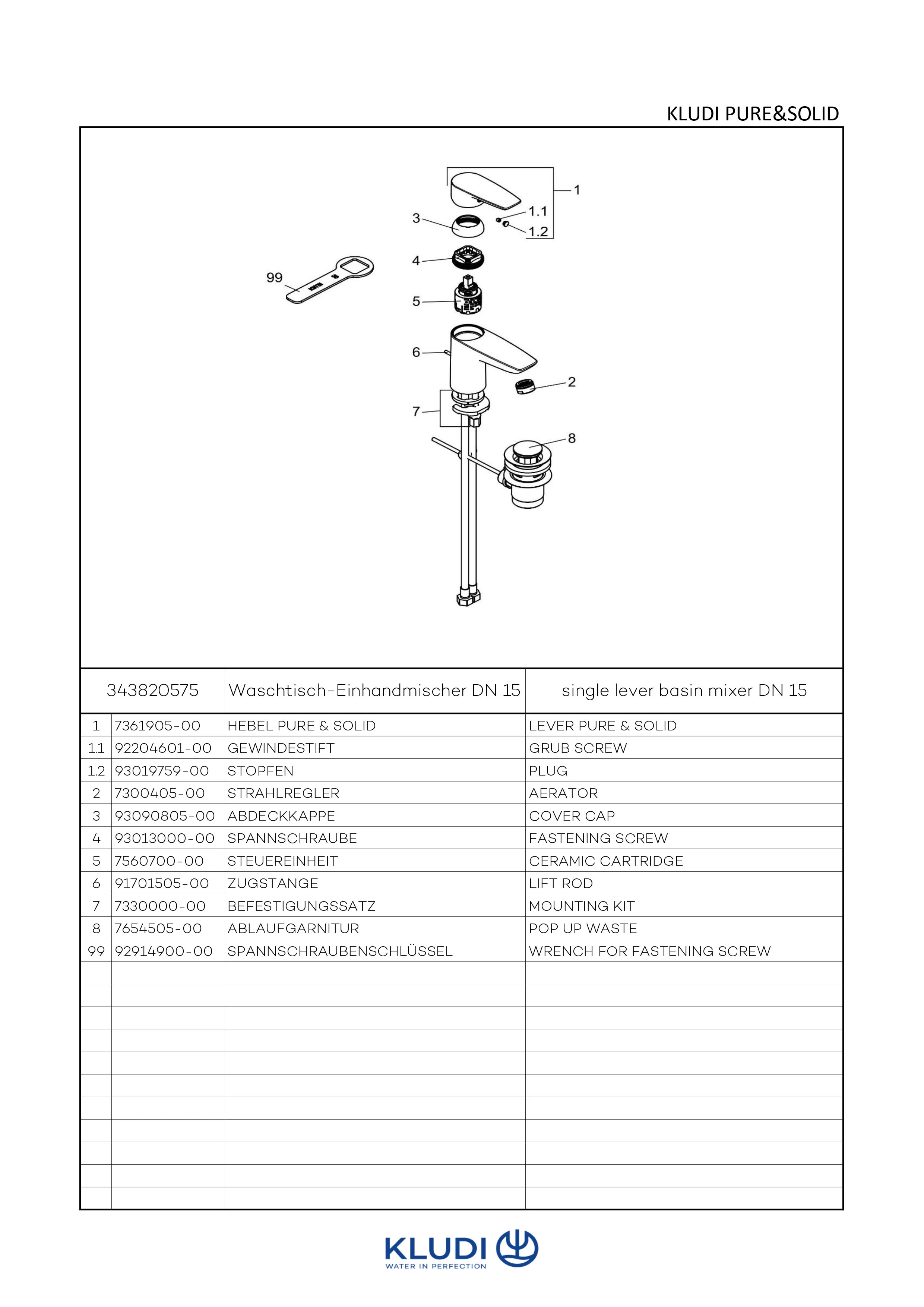 PURE & SOLID Waschtisch-EHM 75 mit Metallablaufg. chrom