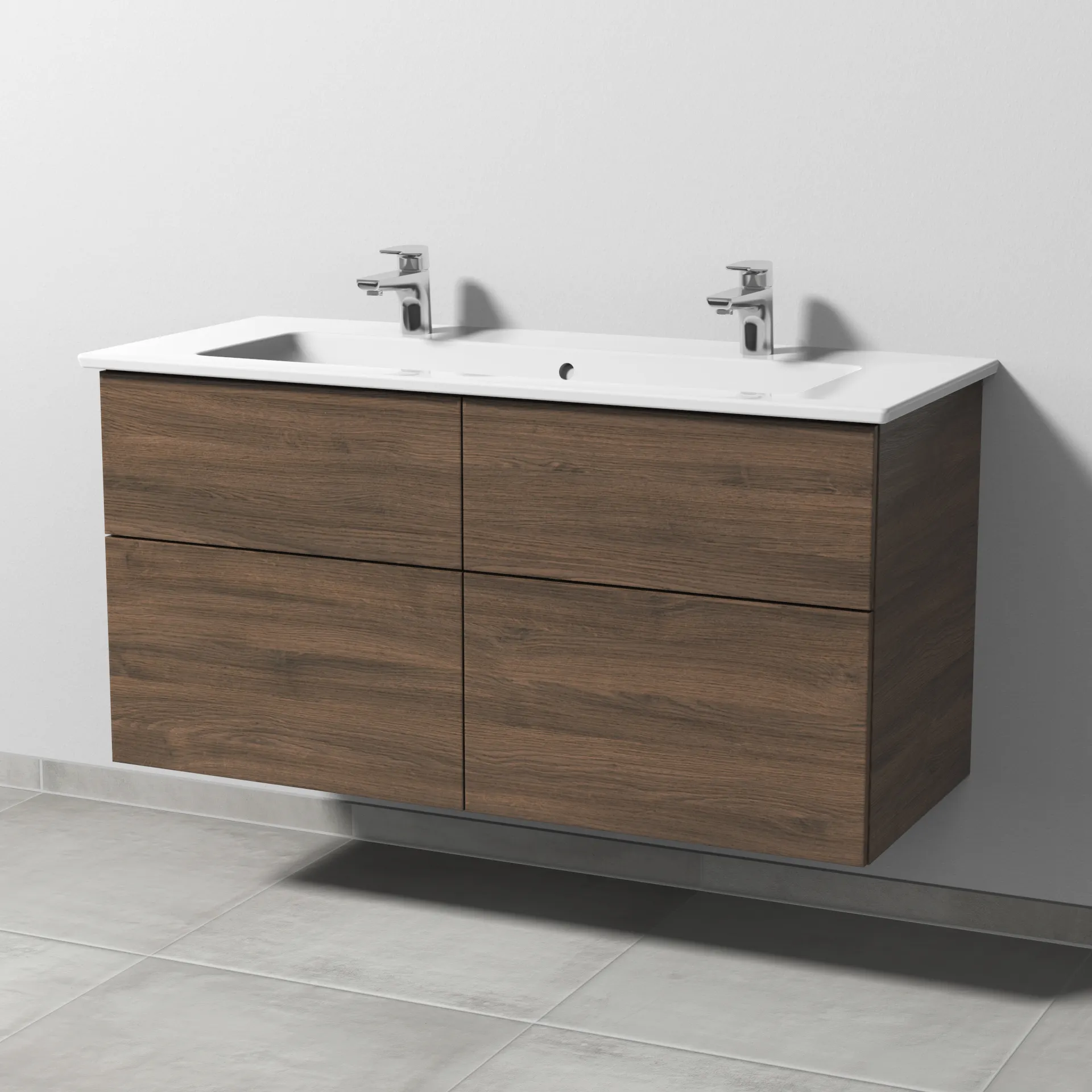 Keramik-Waschtisch-Set mit Waschtischunterschrank „3way“ 115,5 × 47,7 × 59,1 cm in Eiche Arizona, mit Hahnlochbohrung, Becken mittig Keramik-Waschtisch-Set mit Waschtischunterschrank „3way“ 115,5 × 47,7 × 59,1 cm in Eiche Arizona, mit Hahnlochbohrung, Becken mittig