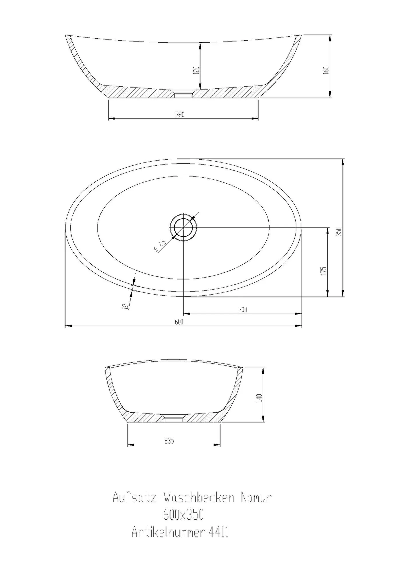 Hoesch Namur Aufsatz-Waschbecken Solique, BiColor Weiß-Schiefergrau