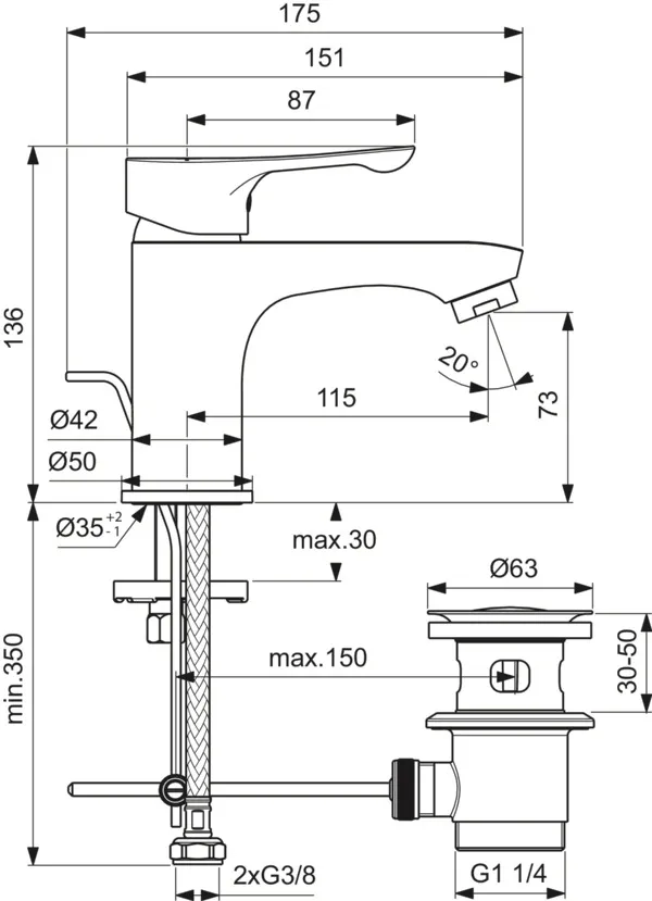 Waschtischarmatur Alpha, mit Ablaufgarnitur, Ausladung 115mm, Chrom Waschtischarmatur Alpha, mit Ablaufgarnitur, Ausladung 115mm, Chrom
