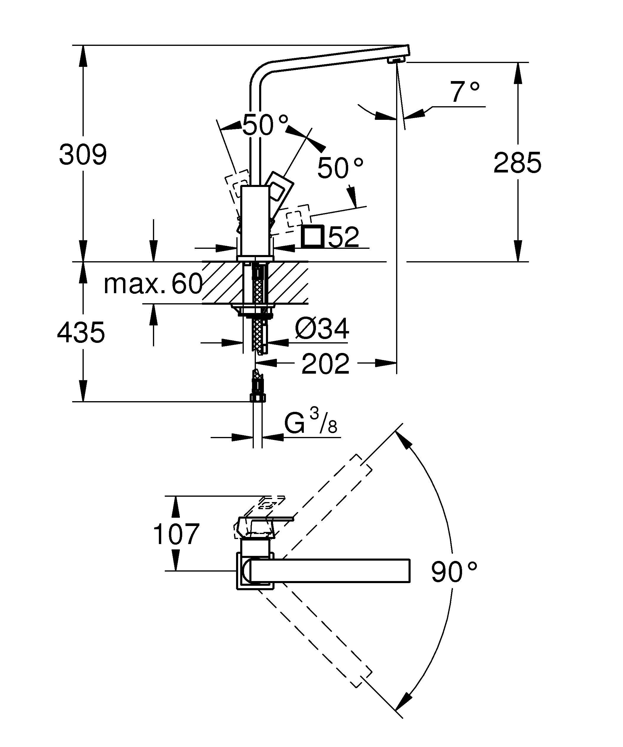 Einhand-Spültischbatterie Eurocube 31255, schwenkbarer Gussauslauf, Einlochmontage, chrom