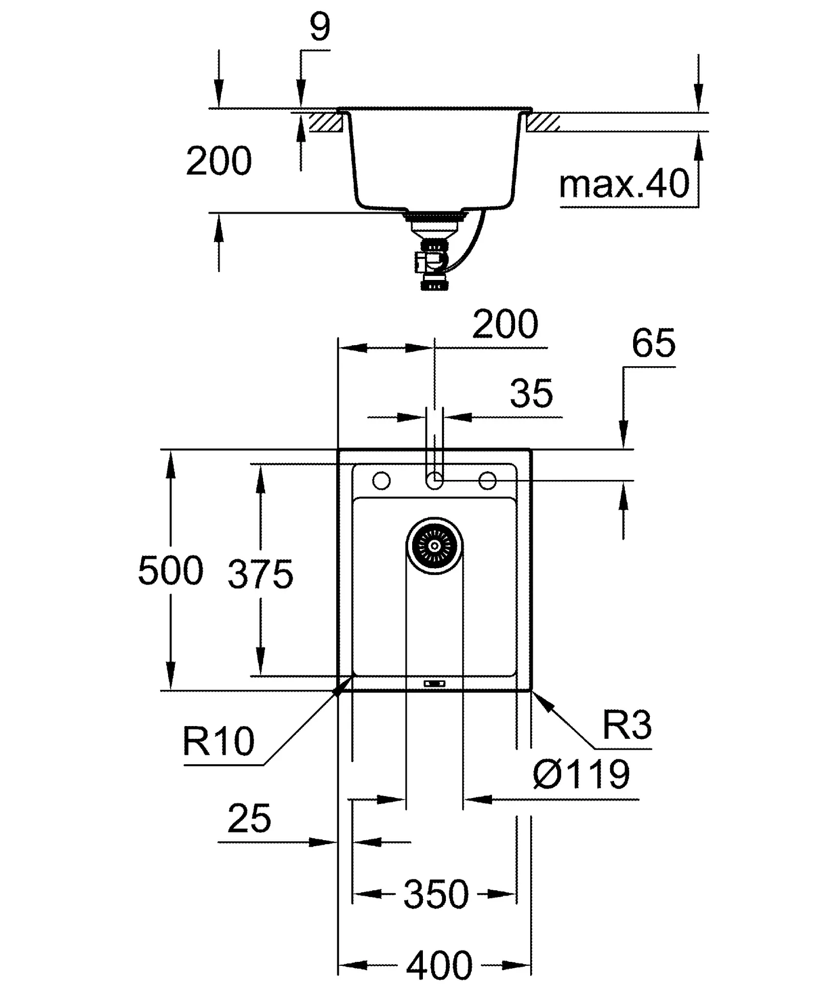 Kompositspüle K700 31650, Modell: K700 50-C 40/50 1.0, Montageart: Standard-Einbauspüle, Maße: 400 x 500 mm, 1 Becken: 340 x 370 x 200 mm, granit schwarz Kompositspüle K700 31650, Modell: K700 50-C 40/50 1.0, Montageart: Standard-Einbauspüle, Maße: 400 x 500 mm, 1 Becken: 340 x 370 x 200 mm, granit schwarz