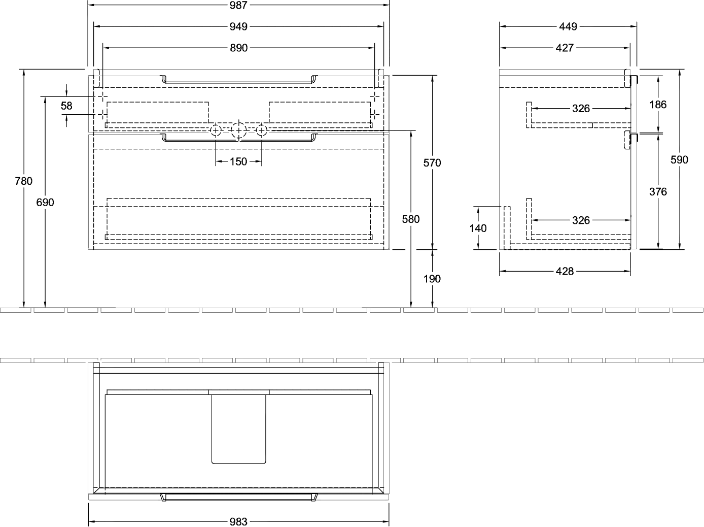 Villeroy & Boch Waschtischunterschrank „Subway 2.0“ 987 × 590 × 449 mm Cashmere Grey, für Becken mittig, ohne Beleuchtung