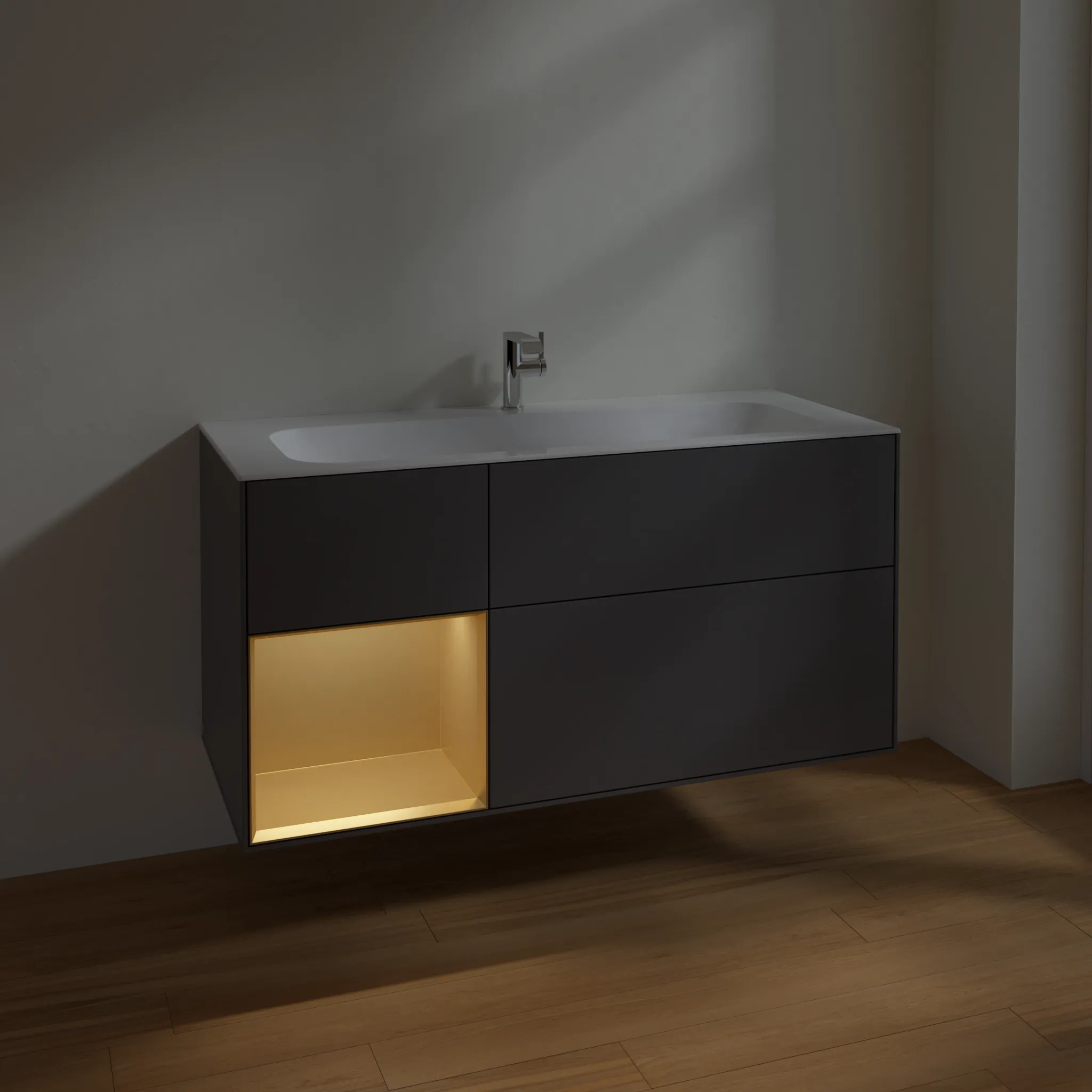 Villeroy & Boch Waschbeckenunterschrank Finion F06, Anthracite Matt Lacquer / Gold Matt Lacquer, 1.196 x 591 x 498 mm, mit Beleuchtung, SoftClosing, Push-to-open, 3 Auszüge Villeroy & Boch Waschbeckenunterschrank Finion F06, Anthracite Matt Lacquer / Gold Matt Lacquer, 1.196 x 591 x 498 mm, mit Beleuchtung, SoftClosing, Push-to-open, 3 Auszüge