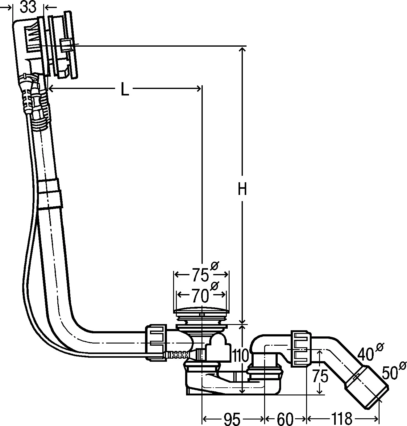 Viega Ab- und Überlaufgarnitur mit Zulauffunktion Modell 6161.60 „Multiplex Trio“ 6161.60 in 725 mm × DN40 / 50 verchromt 11 cm