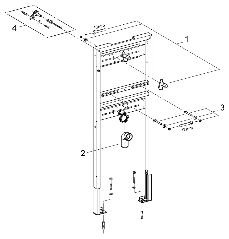 Waschtisch-Element Rapid SL 38546, 1,30 m Bauhöhe, für Wandbatterie, für Vorwand- oder Ständerwandmontage, 2 schallgedämmte Armaturenanschlüsse DN 15, HT-Ablaufbogen DN 50