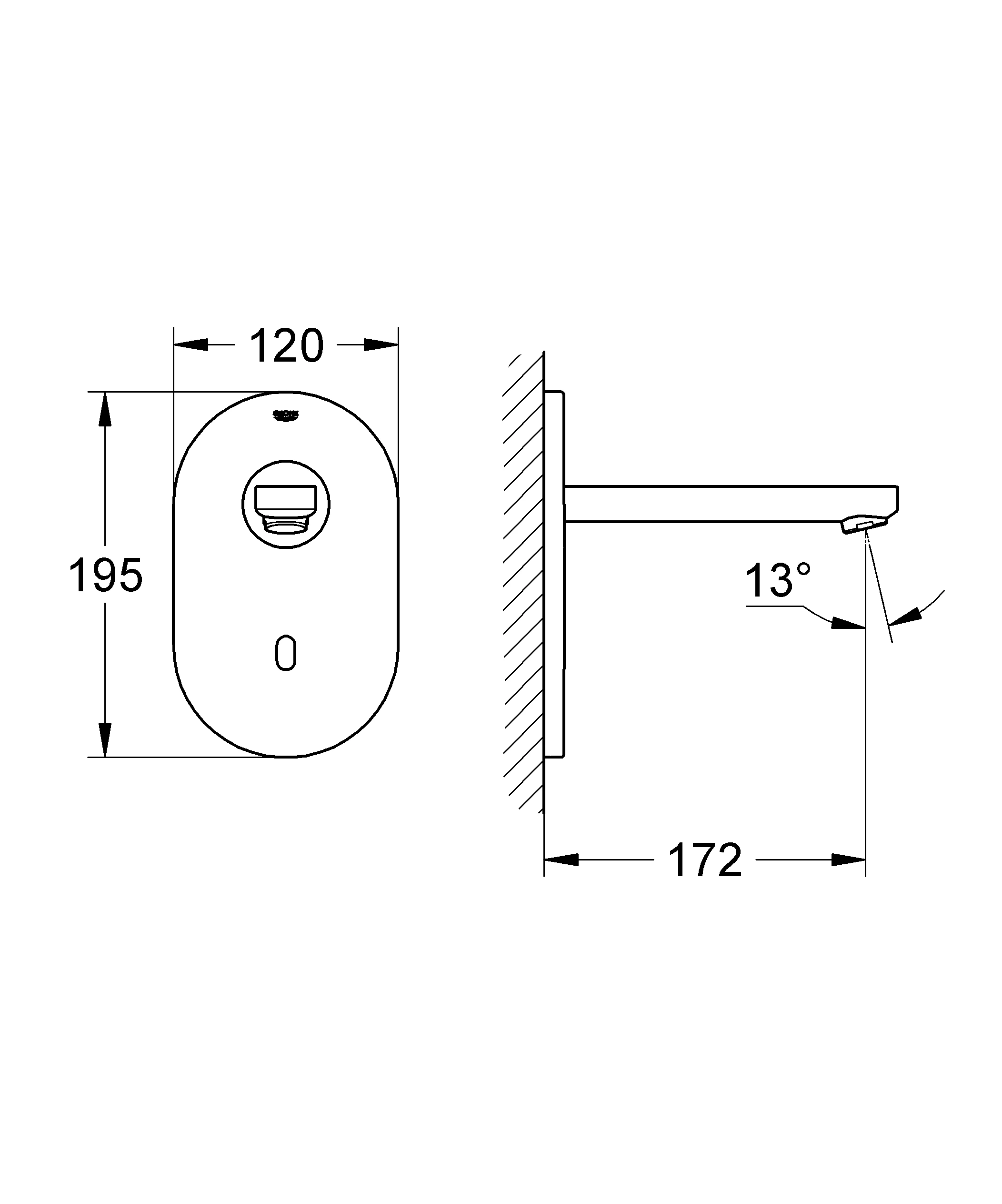 Infrarot-Elektronik für Waschtisch-Wandarmatur Eurosmart CE 36335, ohne Mischung, Fertigmontageset für UP-Einbaukasten 36 336, 36 337, mit Trafo 100-230 V AC, 50-60 Hz, 6 V DC, Ausladung 172 mm, edelstahl