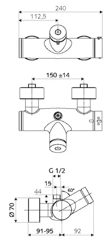 Aufputz-Duscharmatur VITUS VD-SC-T / o, Mischwasser, Thermostat, Selbstschluss-Aufputz-Duscharmatur, 2 RFV, Thermische Desinfektion, 2x DN 15 G 1/2 AG, DN 15 G 1/2 AG (oben), chrom