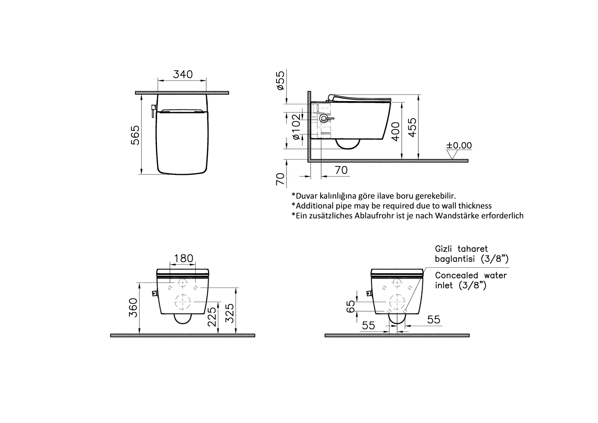 VitrA Aquacare Metropole Wand-WC-Set inklusive WC-Sitz Slim mit Bidetfunktion ohne Spülrand mit integriertem Rohrunterbrecher und seitlicher Armatur 34 x 57 cm Weiß Hochglanz