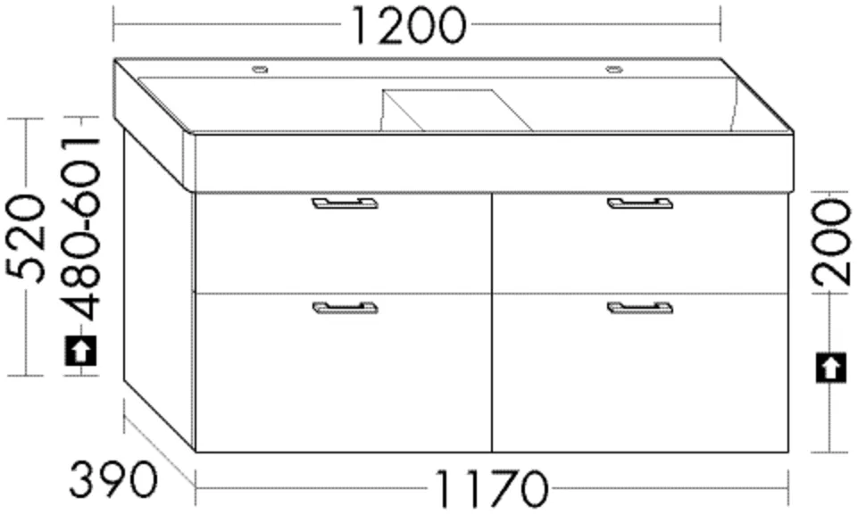 Waschtischunterschrank Sys30 von burgbad - 1.170 mm breit, 520 mm hoch, 390 mm tief, 2 Schubladen oben, 2 Auszüge unten