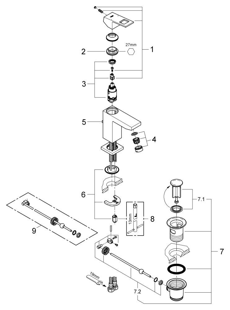 Einhand-Waschtischbatterie Eurocube 23127, S-Size, Einlochmontage, Zugstangen-Ablaufgarnitur 1 1/4'', chrom