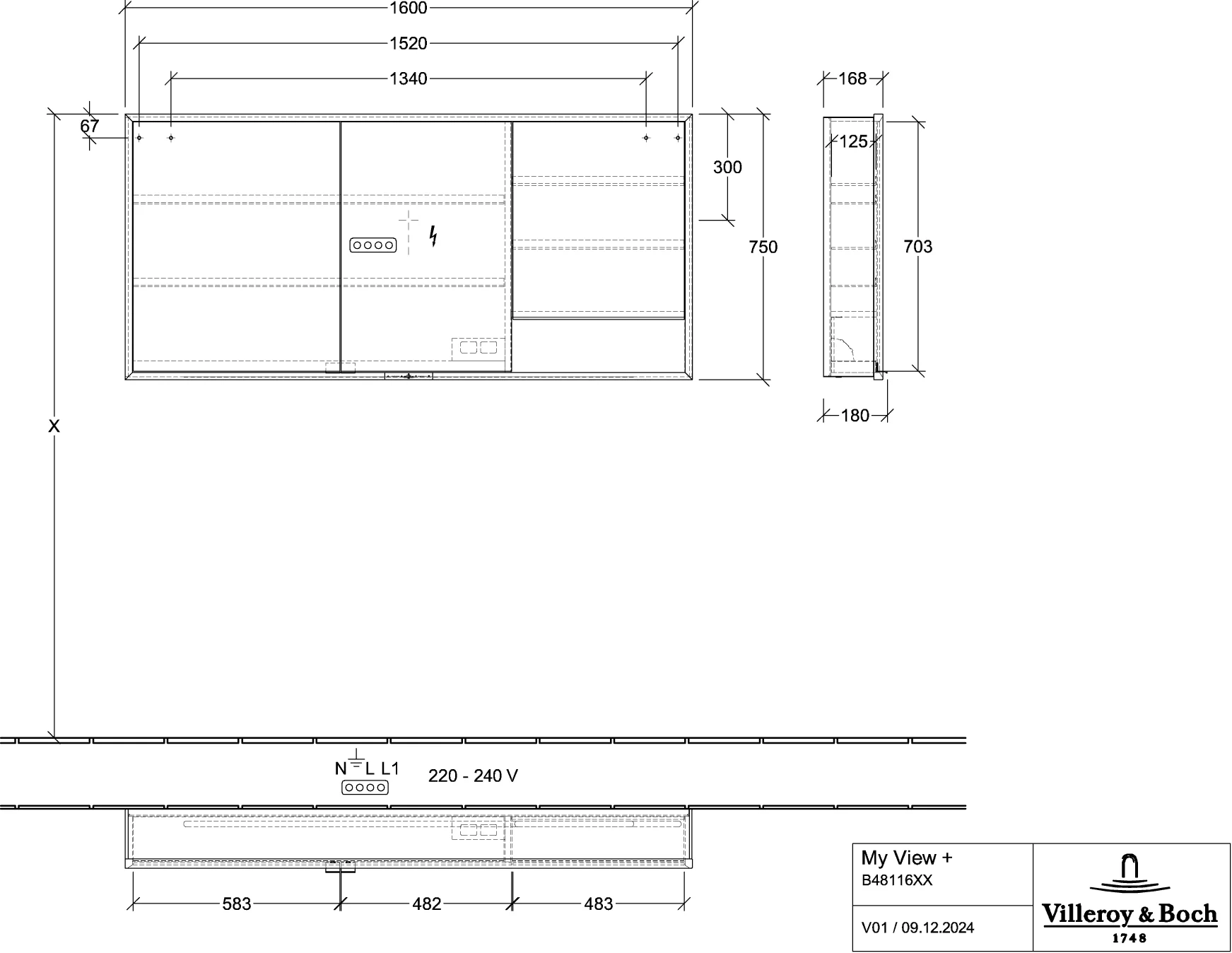 Villeroy & Boch Aufputz-Spiegelschrank My View+ B48116, 1600x750x168mm, mit Beleuchtung, Brilliant White