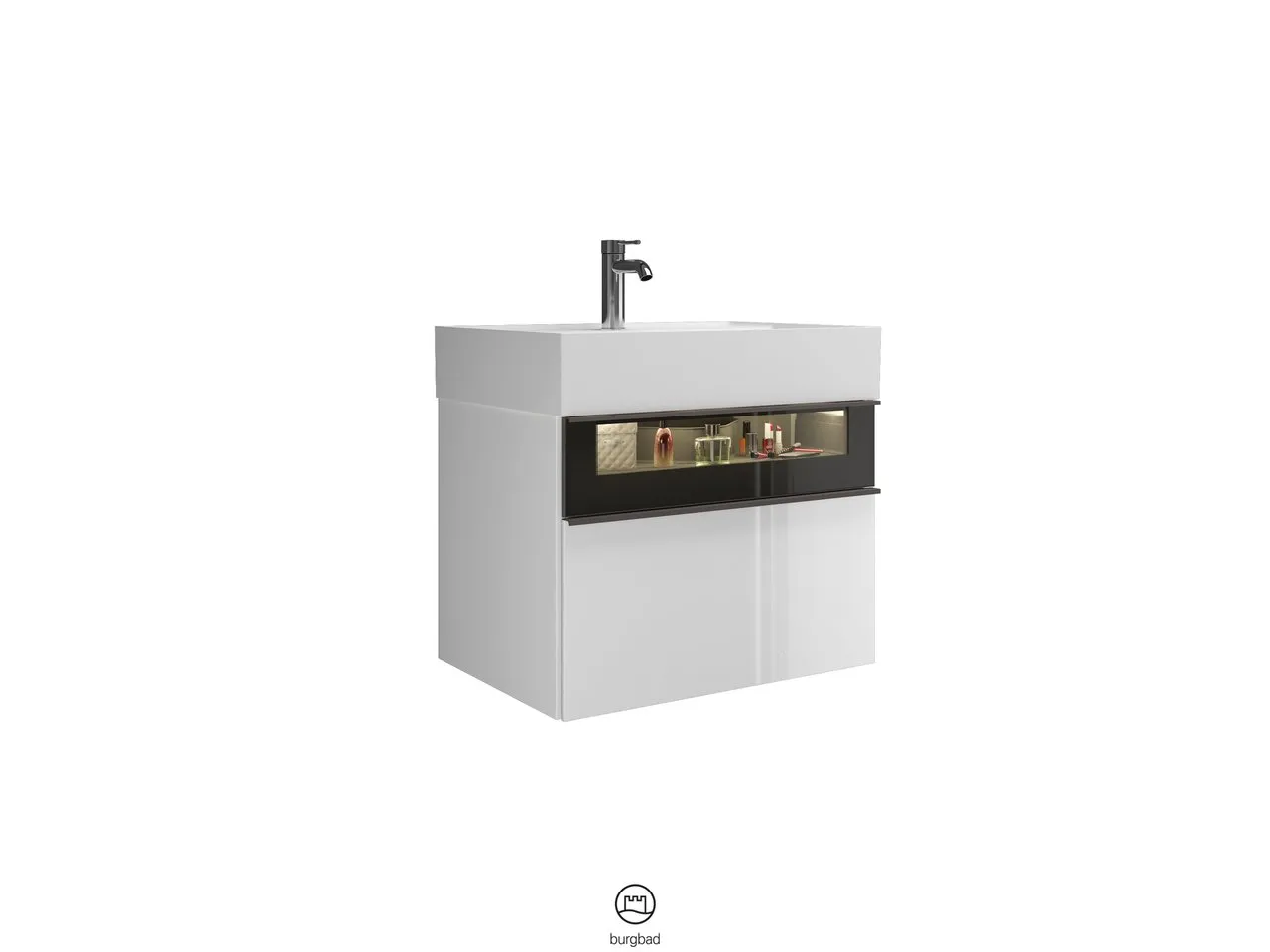 Yumo Mineralguss-Waschtisch inkl. WTU - burgbad, 470x665x610 mm, weiß mit Rauchglaseinsatz