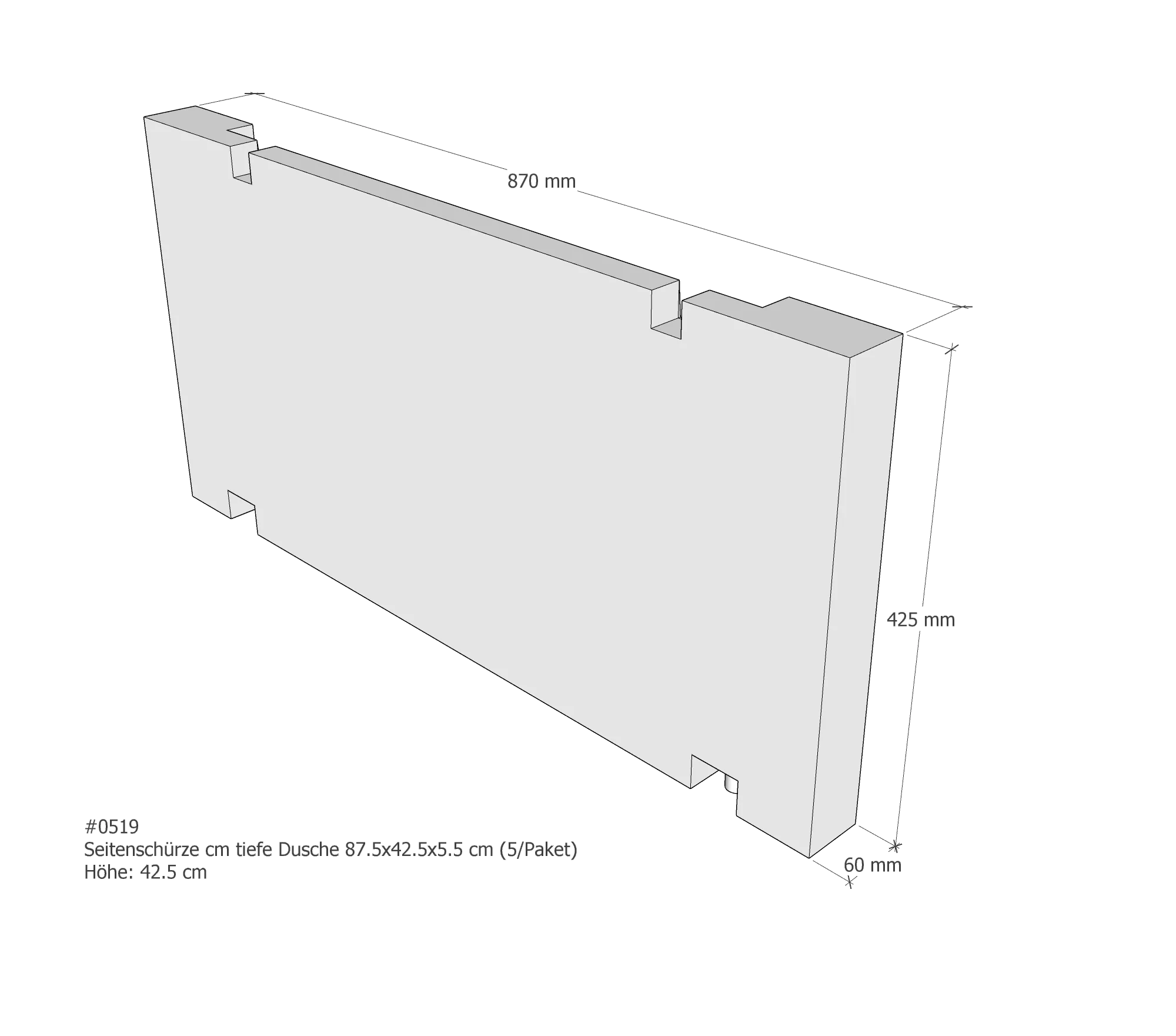 Seitenschürze für tiefe Duschwanne passend für 90 × 5 × 42,5 cm