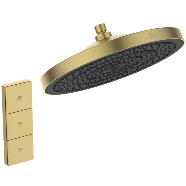 Ideal Standard Ceratherm Navigo Solos Armaturen-Paket, Brausethermostat Unterputz Bausatz 2, Regenbrause, Wandanschluss, Handbrause, Wandanschlussbogen Unterputz, Brauseschlauch Brushed Gold Ideal Standard Ceratherm Navigo Solos Armaturen-Paket, Brausethermostat Unterputz Bausatz 2, Regenbrause, Wandanschluss, Handbrause, Wandanschlussbogen Unterputz, Brauseschlauch Brushed Gold