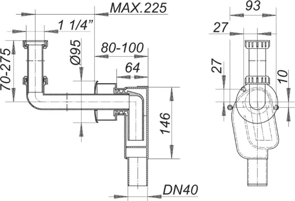Wandeinbau-Siphon 300 KS, 1 1/4″ x DN 40