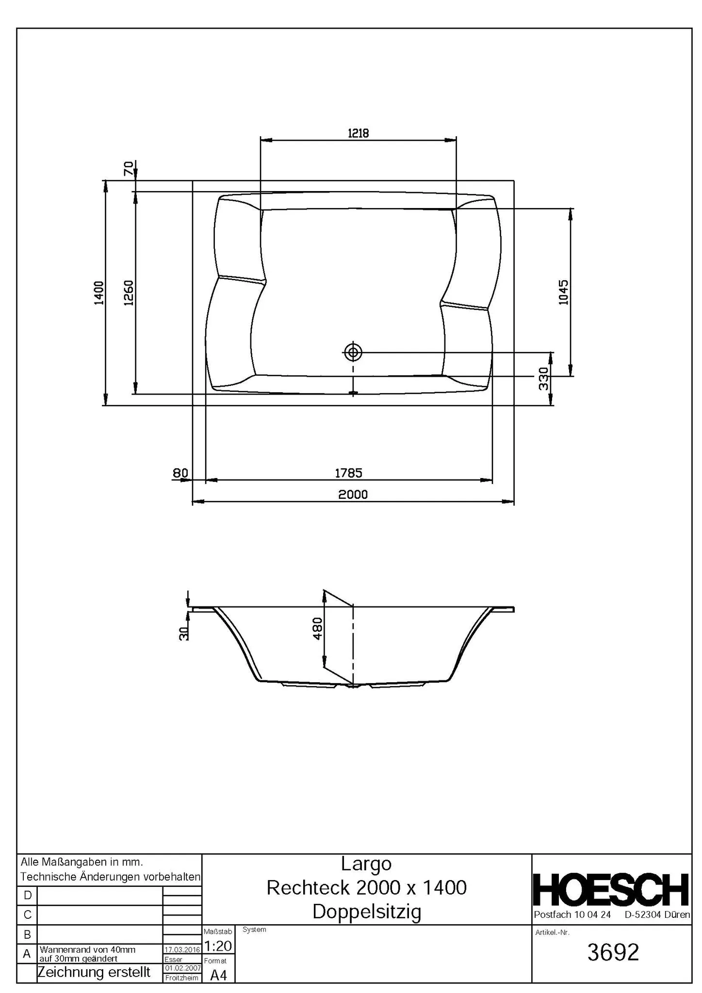 Hoesch Badewanne „Largo“ rechteck 200 × 140 cm