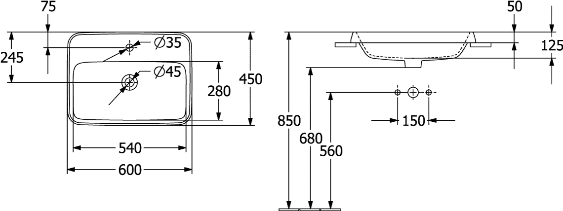 Einbauwaschtisch „Architectura“ 60 × 45 × 17 cm, mit Hahnlochbohrung, Hahnlochposition mittig