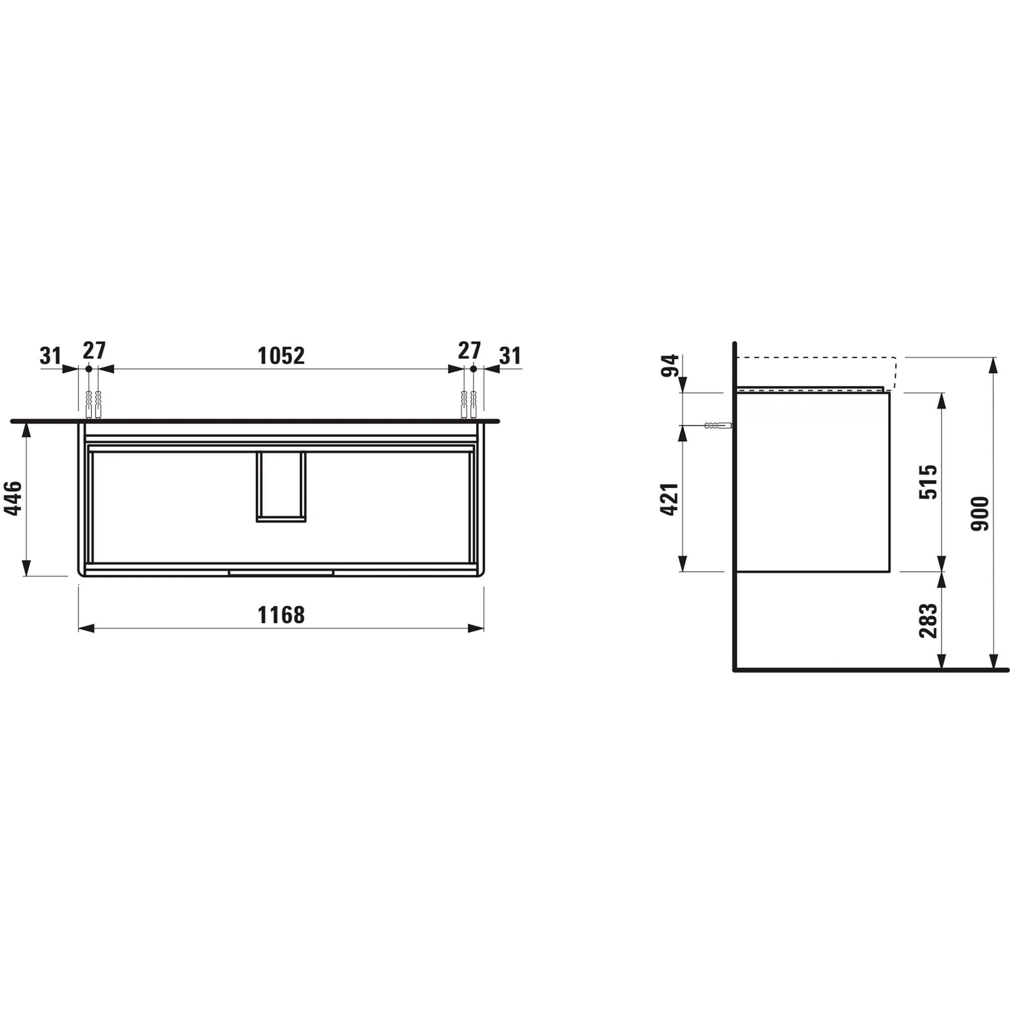 Waschtischunterbau JUNA für PRO S 446x1168x515 2 Schubladen mit Griffmulde für Waschtisch H814965 weiß matt