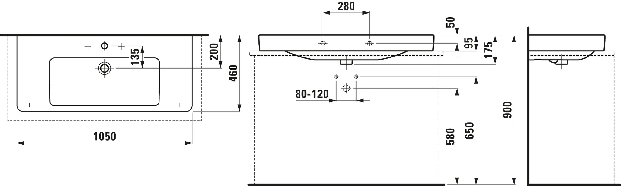 Aufsatzwaschtisch PRO S 460x1050x175 1 Hahnloch mit Überlauf weiß Aufsatzwaschtisch PRO S 460x1050x175 1 Hahnloch mit Überlauf weiß